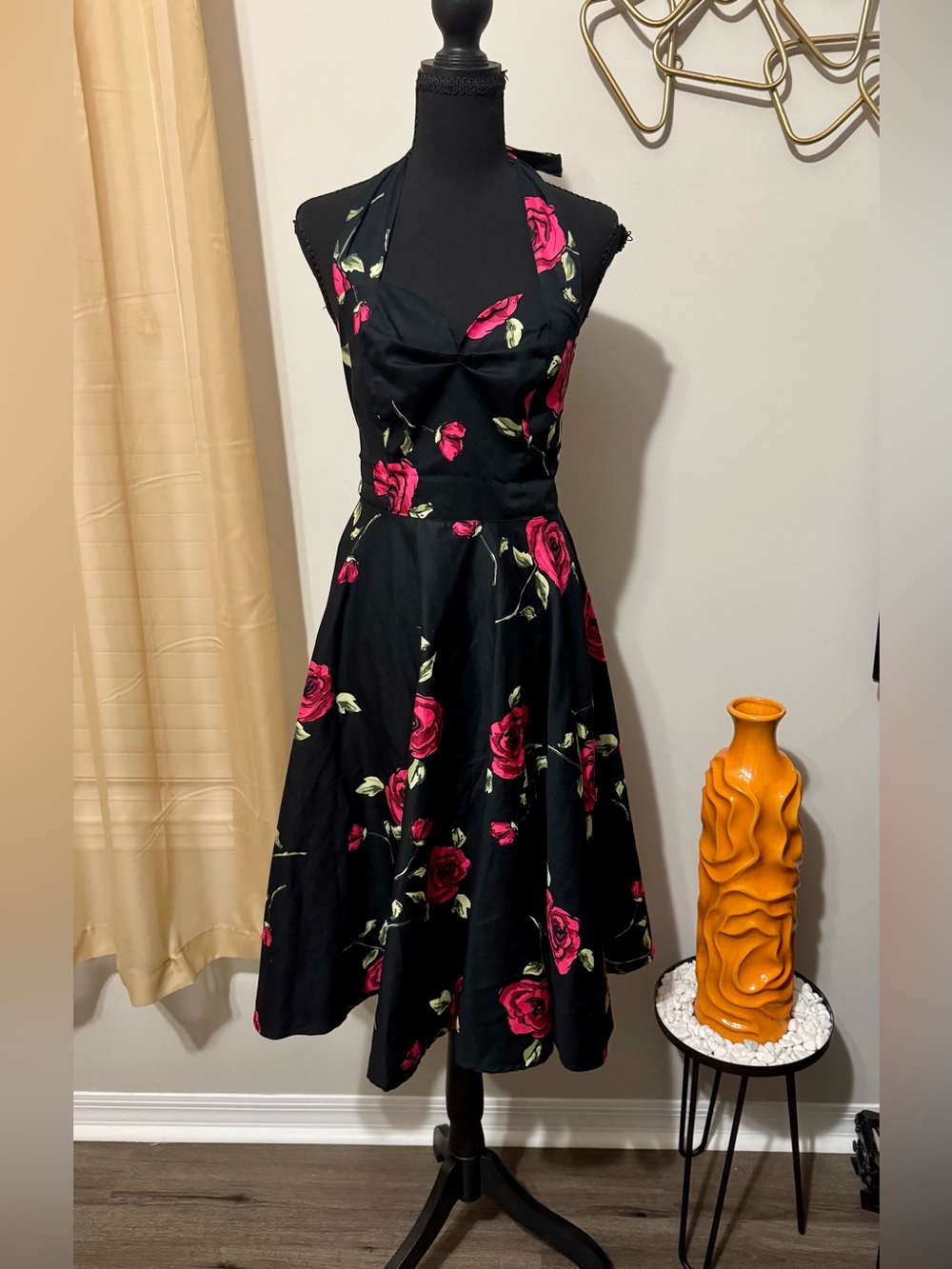 Grace Karin Black Halter Midi Dress with Pink Rose Print
